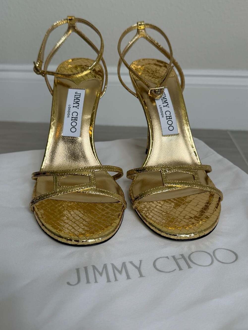 Jimmy Choo Leo 100 Gold Candy Wrap Leather Heels Sandals EU 38 US 8 - Picture 10 of 10
